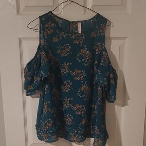 Xhilaration Teal Floral Cold Shoulder Blouse